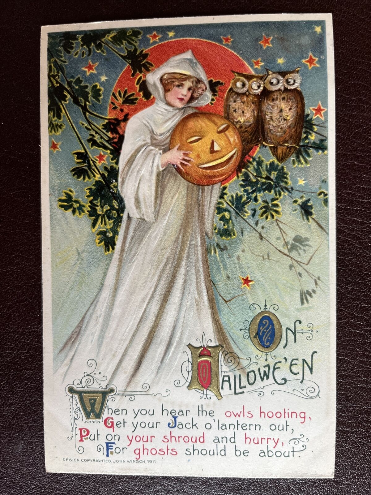 Schmucker Winsch Victorian Witch On Halloween Postcard, Antique, JOL, Owls, 1911