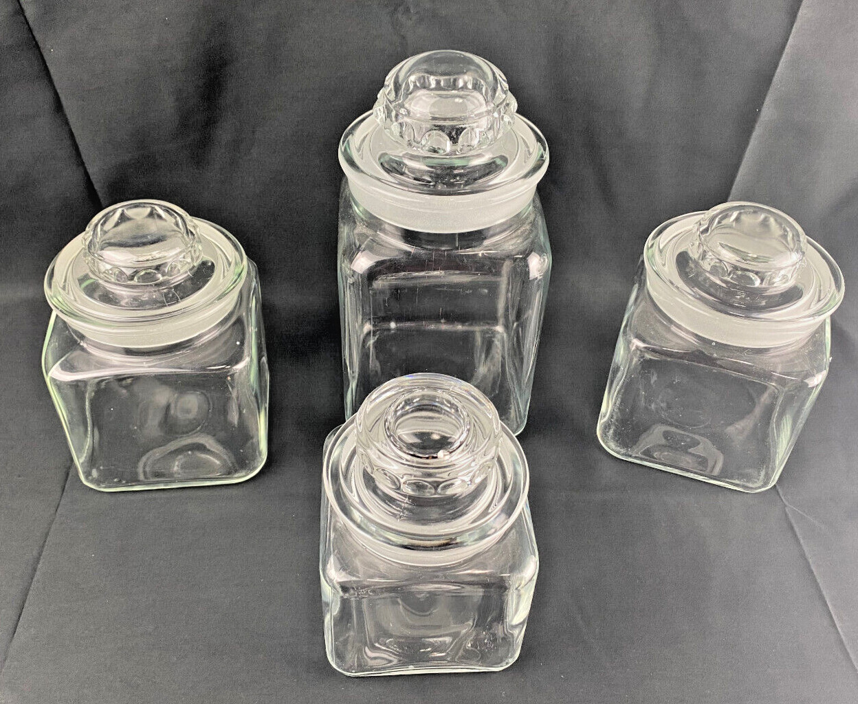 LE SMITH VINAGE CLEAR GLASS APOTHECARY FARMHOUSE CANISTER SET WITH GROUND LIDS