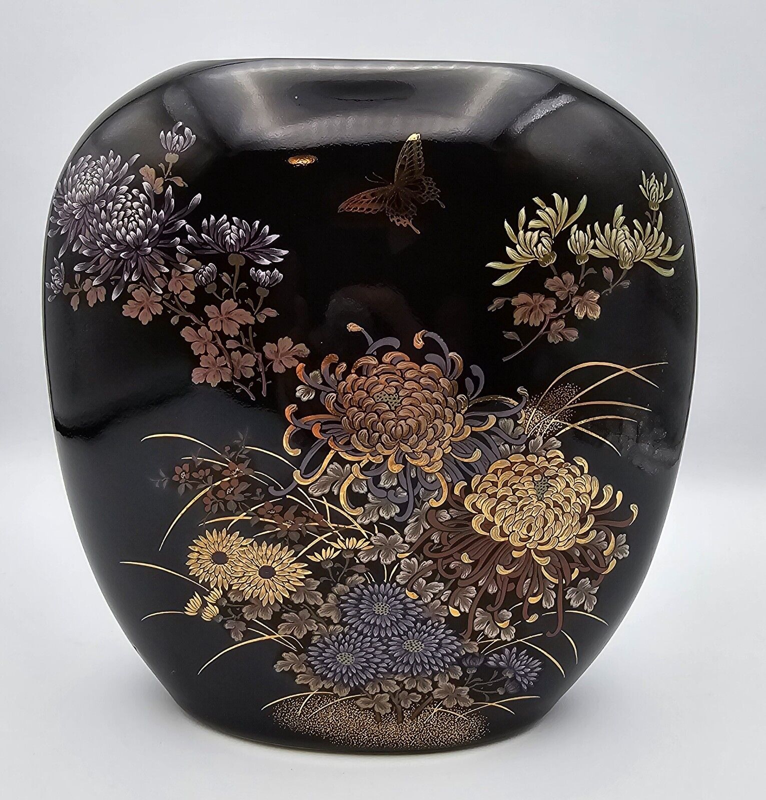 Vintage Porcelain Black Vase Shibata Japan Style with Butterflies & Flowers