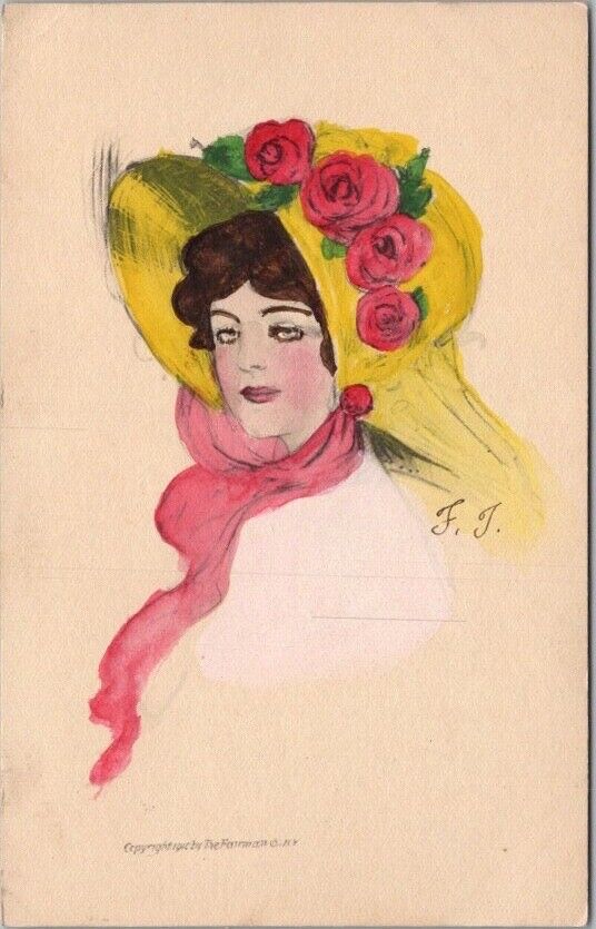 c1910s Hand-Colored Pretty Lady Greetings Postcard Hat / Fashion - Fairman Co.