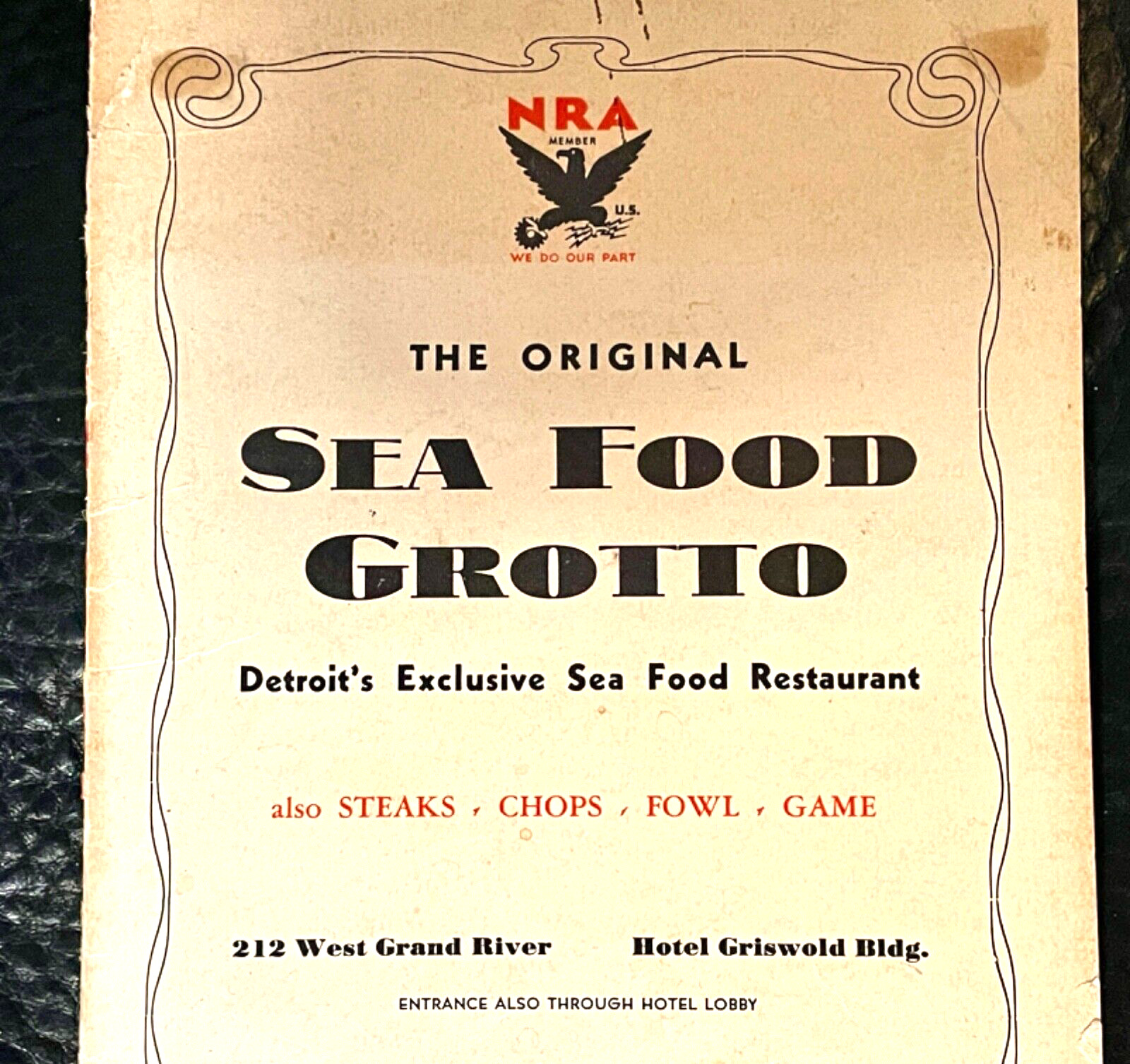 RARE 1930's MENU ~ DETROIT ~ SEA FOOD GROTTO ~ HOTEL GRISWALD ~ NRA ~ DEPRESSION