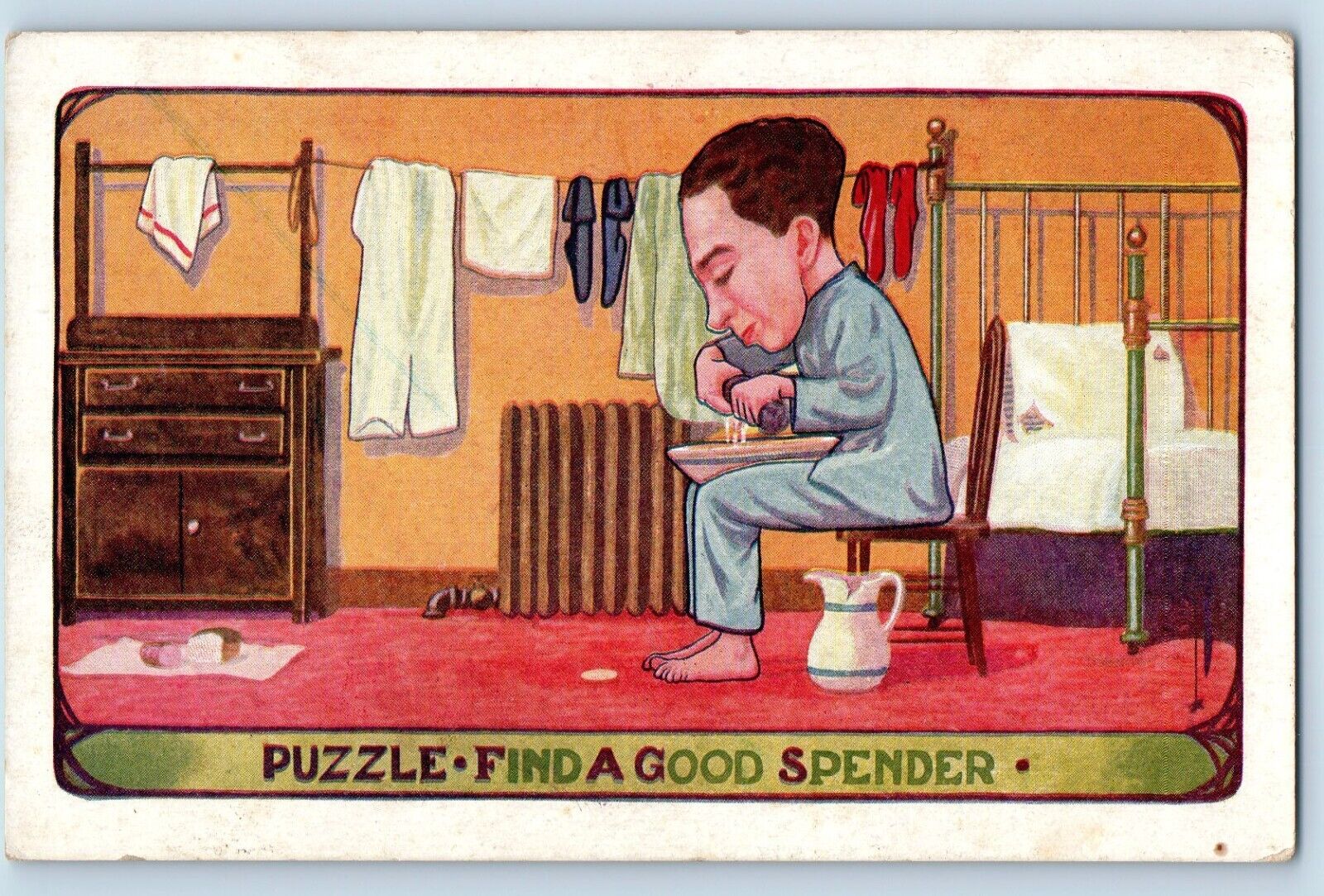 c1910\'s Postcard Man Doing Laundry Puzzle Find A Good Spender Unposted Antique