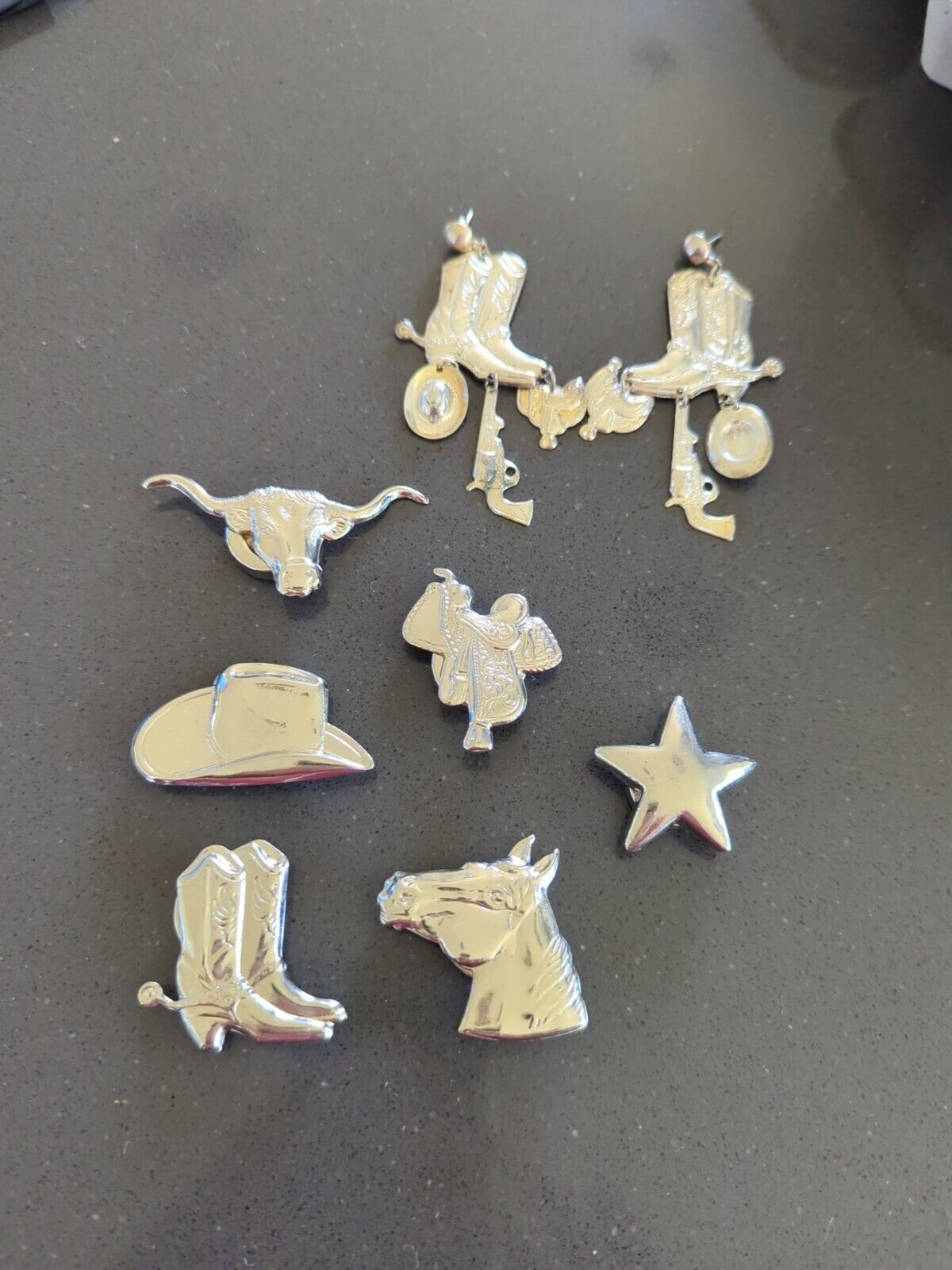 Vintage Western Button Covers Horse Steer Boots Hat Saddle Set of 6 Earrings C87