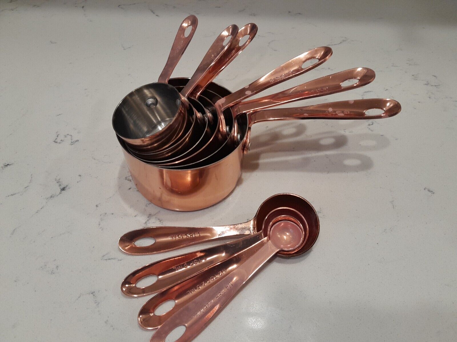 Huge Vintage 10 Pc Copper And Stainless Steel Nesting Measuring Cups & Spoons