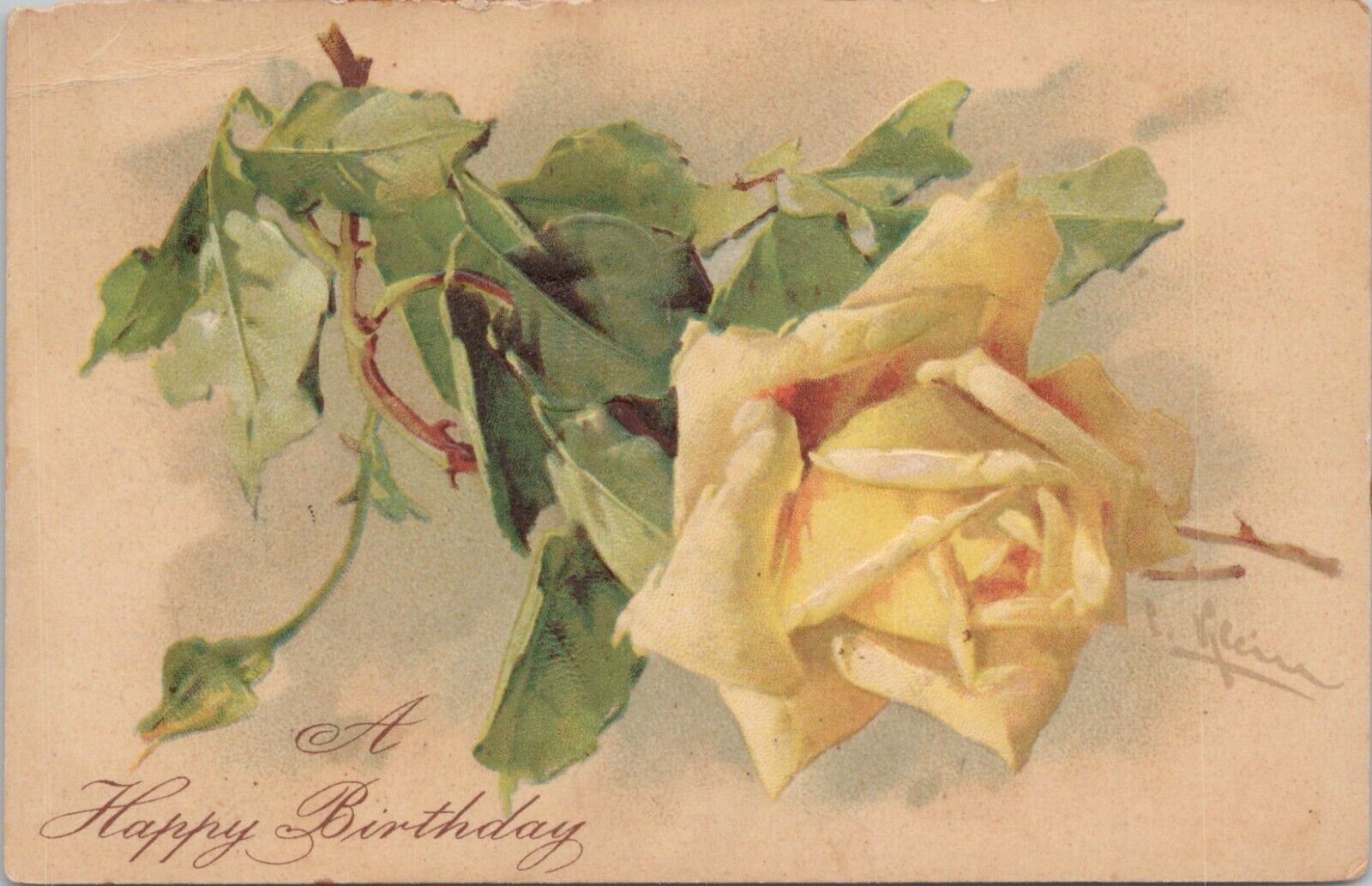 Artist-Signed PC Klein Happy Birthday Yellow Rose Flower early 1900s