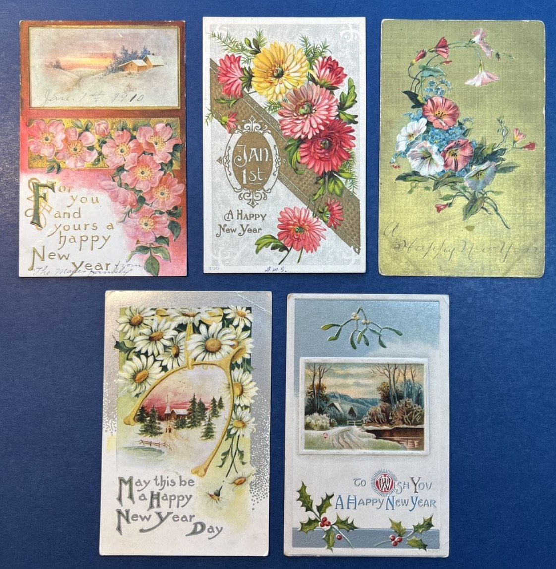 Mixture 5 New Year Antique Postcards, EMB, Gold & Silver Trim. Flowers, Scenes