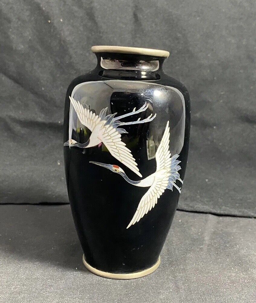Vintage Sato Marked Japanese Cloisonné Black with White Crane Vase 4.75” NICE