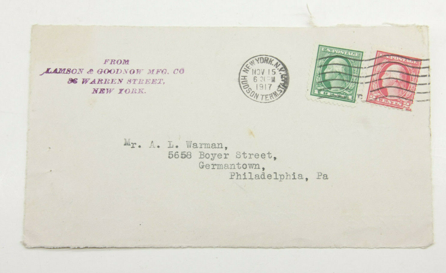 1917 Lamson Goodnow Envelop Panel to A L Warman 1c & 2c Stamps Ephemera L954J