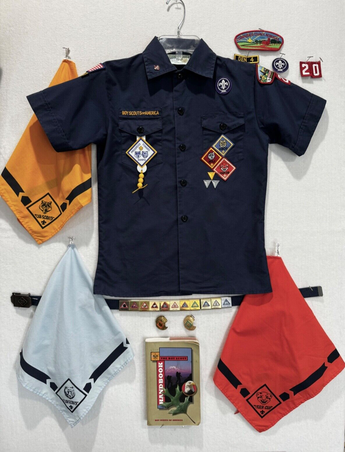 Boy and Cub Scout Lot Shirt Skill Merit Badges Belt Scarves and Handbook