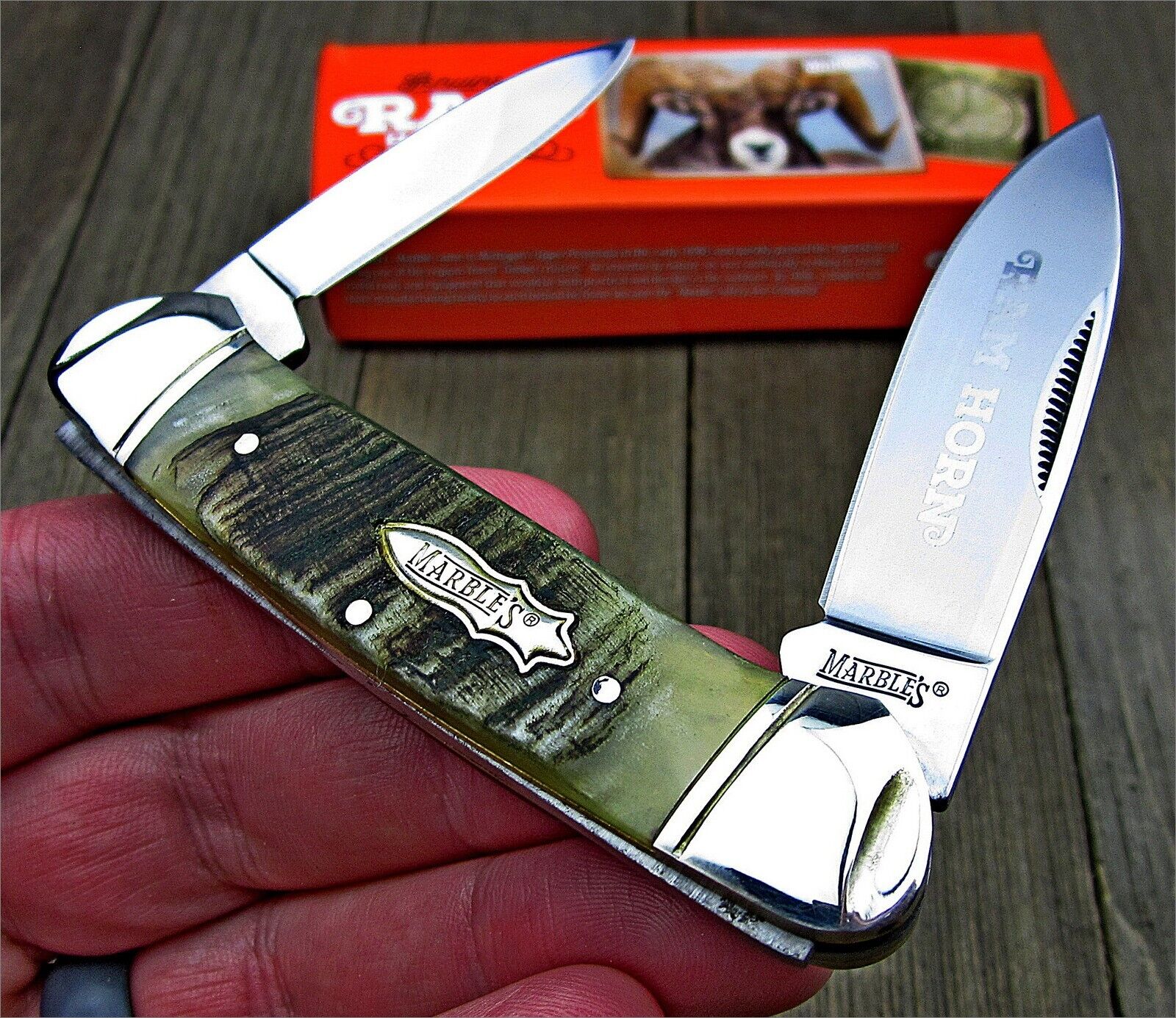 Marble's Genuine Rams Horn Handles 2 Blade Canoe Folding Pocket Knife NEW