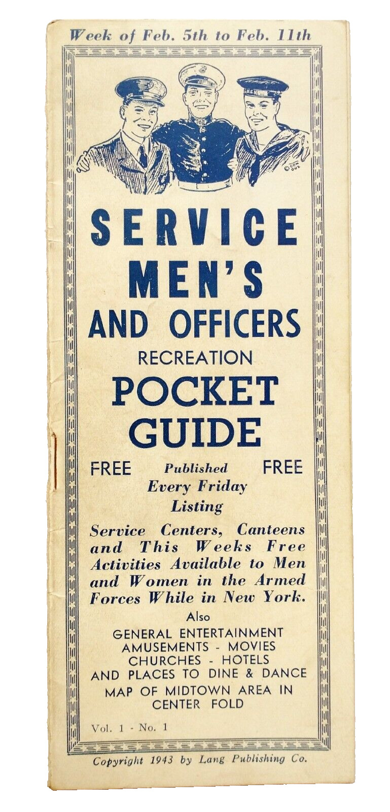 Service Men's and Officers Recreation Pocket Guide WWII 1943 New York