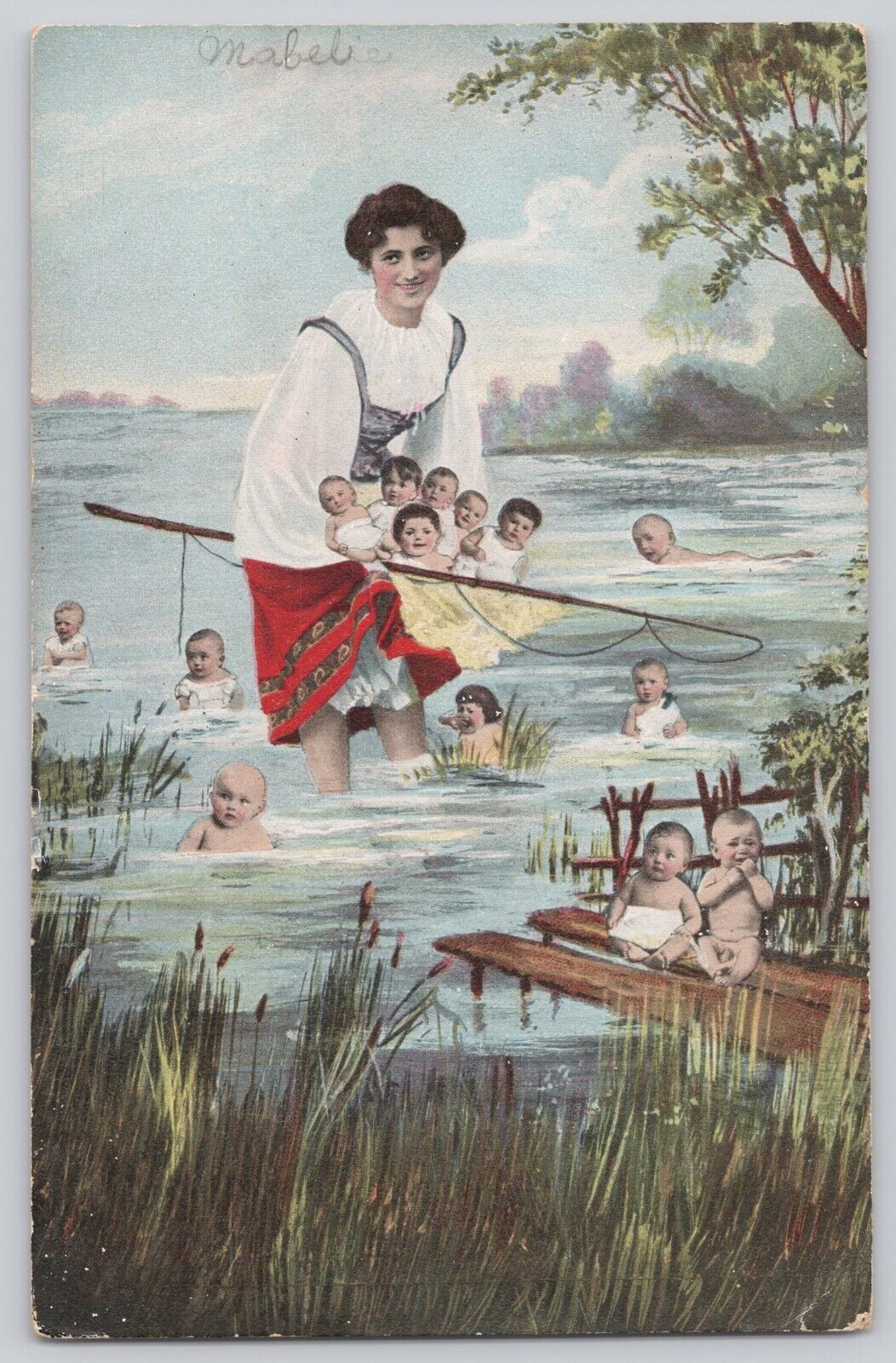 Weird Fantasy Postcard Woman Fishing in a Lake filled with Babies Posted 1907