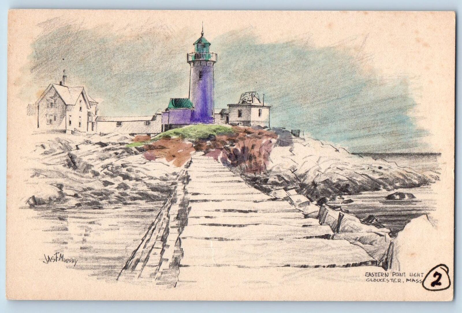 Gloucester Massachusetts Postcard Eastern Point Light c1910's Sketch Handcolored