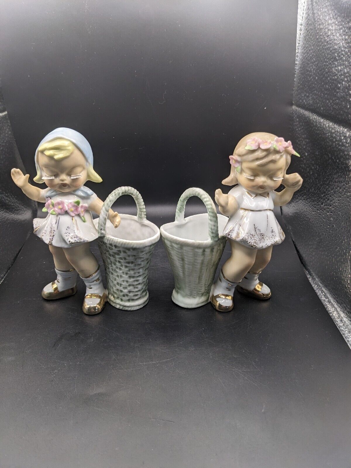 Vintage Pair Of Porcelain Kitchy Girls With Baskets And Lashes