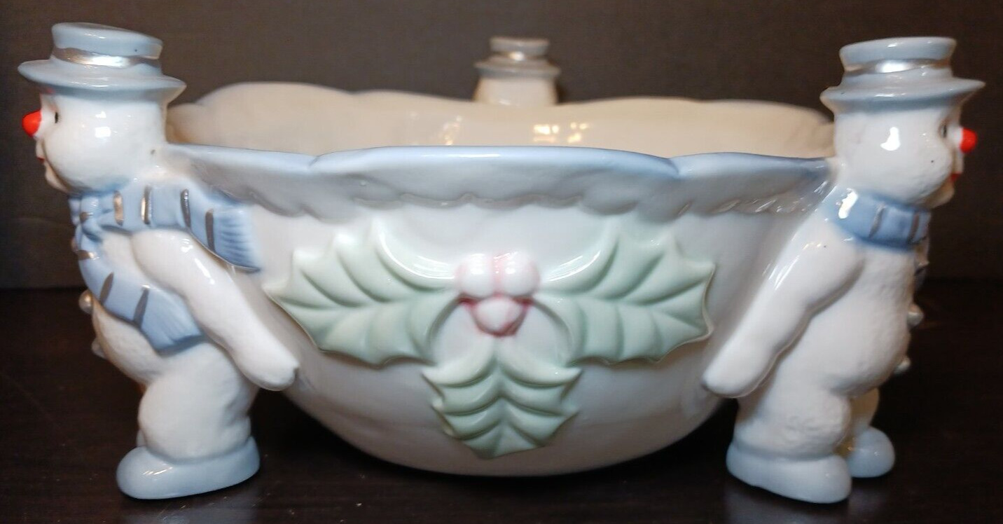 VTG Glazed Porcelain Snowmen w/ Holly Berry Candy Dish Bowl 8