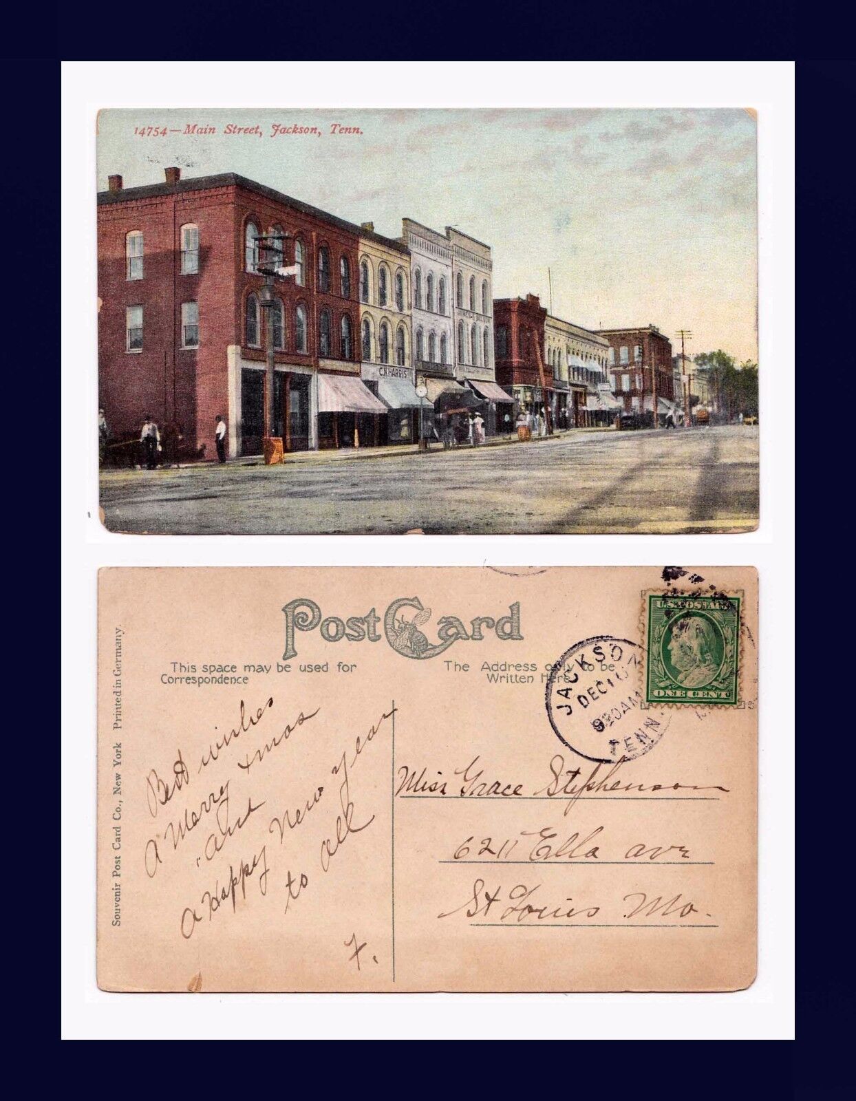 TENNESSEE JACKSON MAIN STREET 1912 TO MISS GRACE STEHPENSON, ST. LOUIS MISSOURI