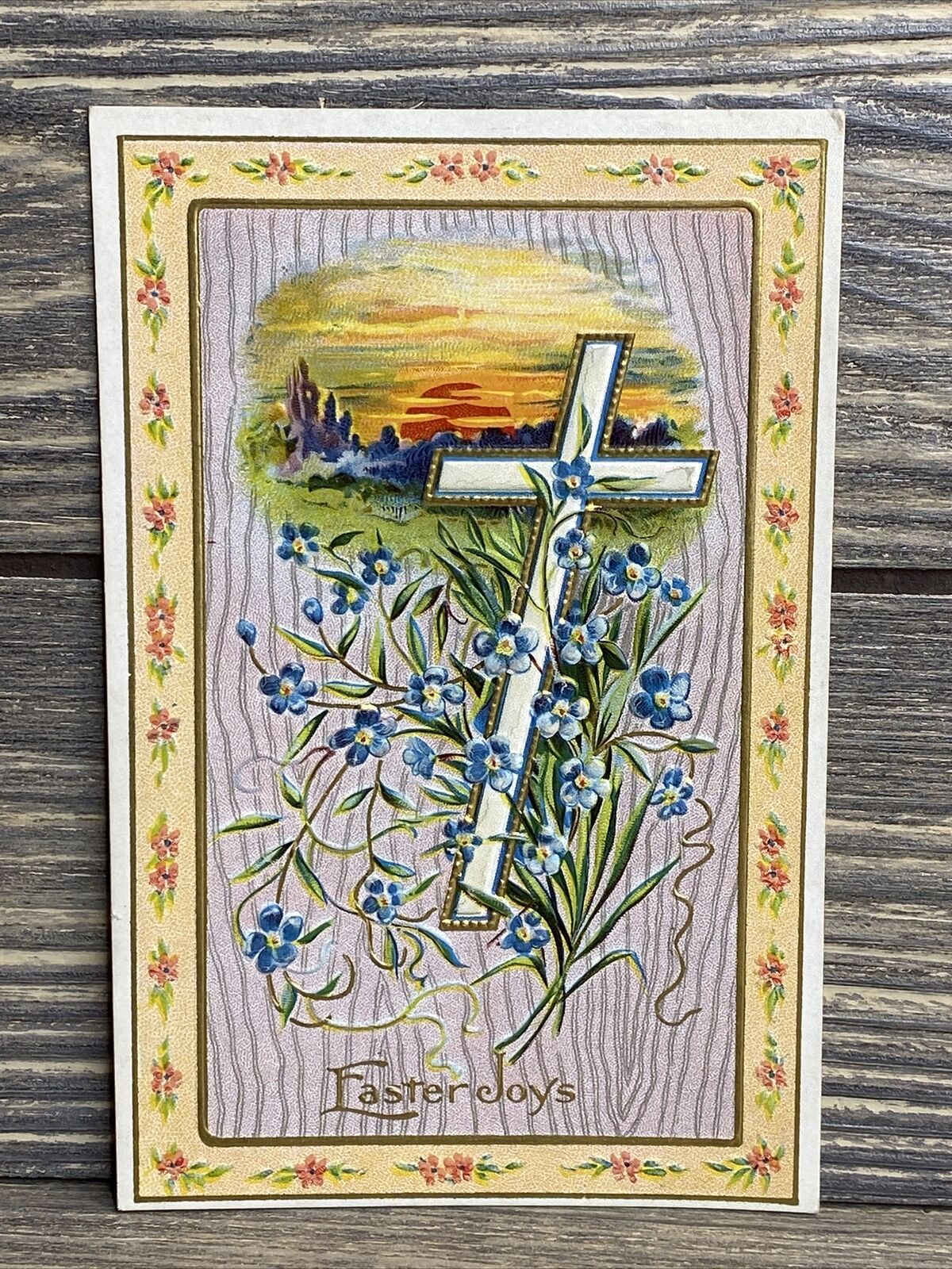 Vintage Postcard Easter Days Gold Cross Blue Flowers