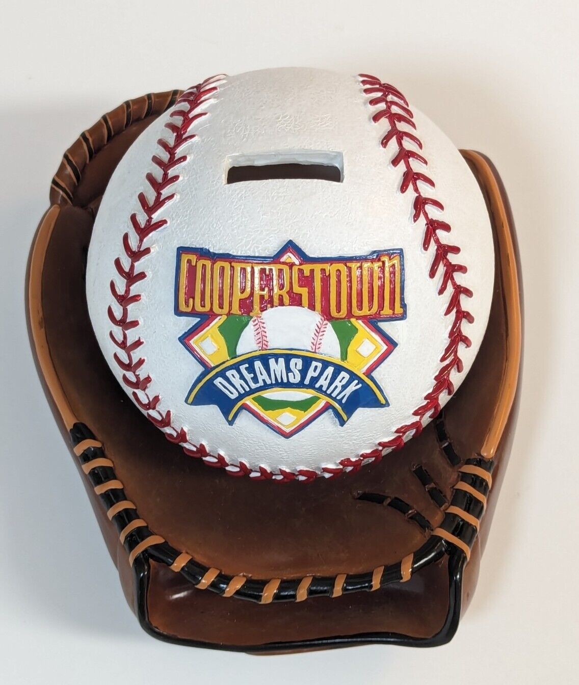 Cooperstown Dreams Park Baseball and Glove Coin Bank, Excellent Condition 