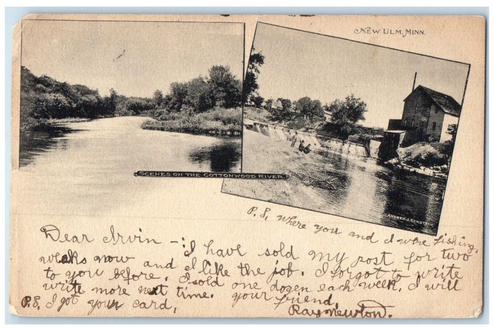 c1905 Scenes On The Cottonwood River New Ulm Minnesota MN Antique Postcard