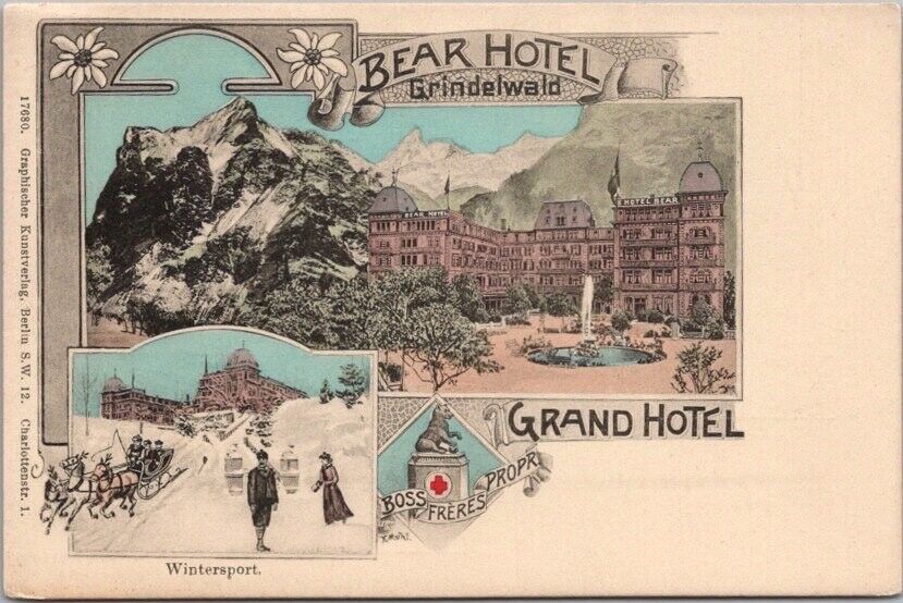 Vintage 1900s GRINDELWALD Switzerland Postcard BEAR HOTEL / GRAND HOTEL - Unused