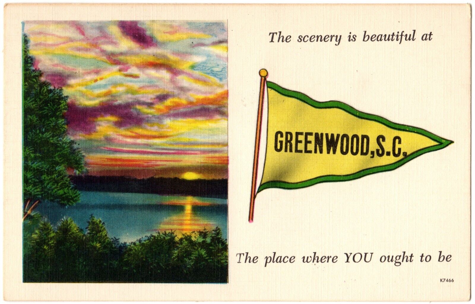 GREENWOOD, SC - Pennant, Generic Scenery, Lake, Sunset, Asheville Postcard Co.