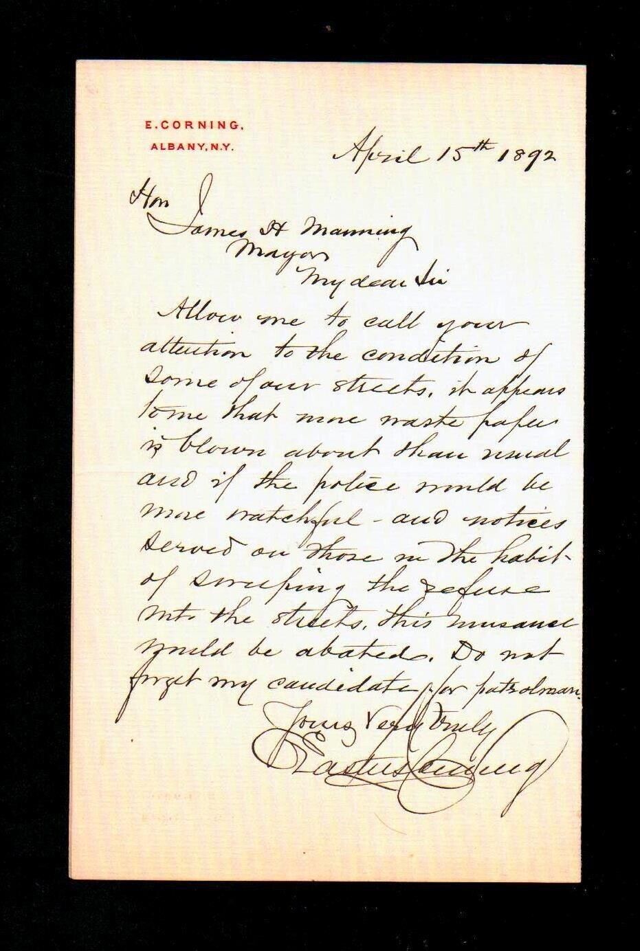 1892 Erastus Corning Jr - Robber Baron -  ALS signed letter EX RARE
