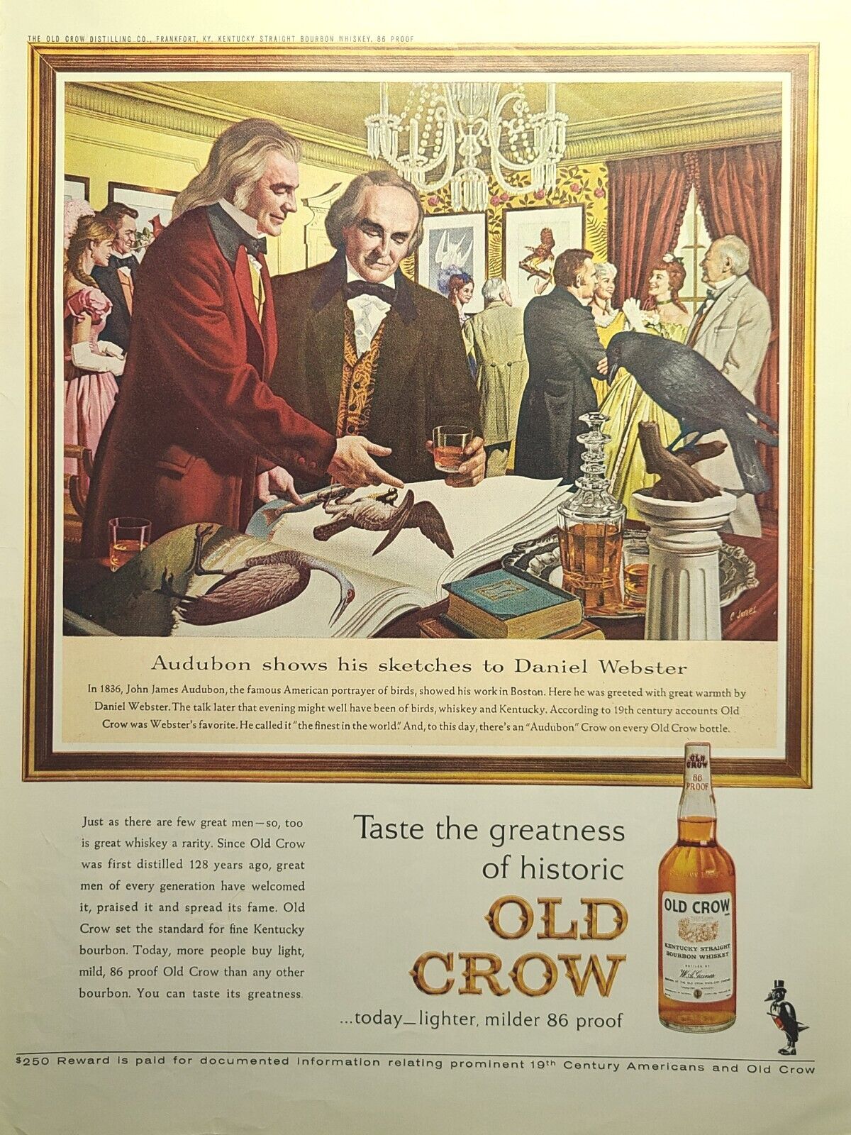 Old Crow Bourbon Whiskey John James Audubon Daniel Webster Vintage Print Ad 1963