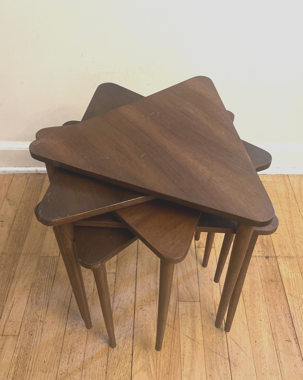 Mid-century Danish Modern Stacking Triangular Side Table Set of 5 Nice