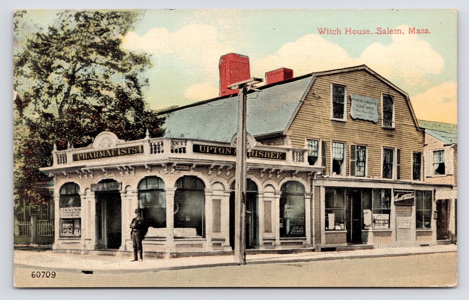 c1908~Salem Mass MA~Witch House~Pharmacy~Street Corner~Downtown~Antique Postcard