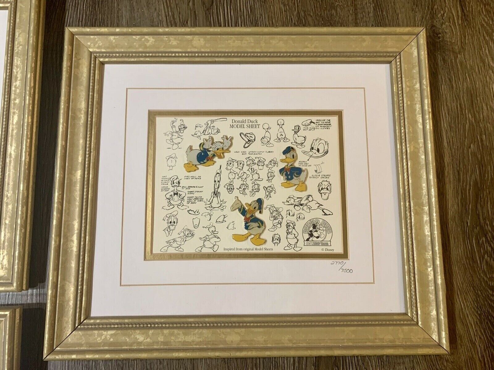 RARE OLD LE Disney Framed Donald Duck Model Sketch Sheet Pin Set (3)