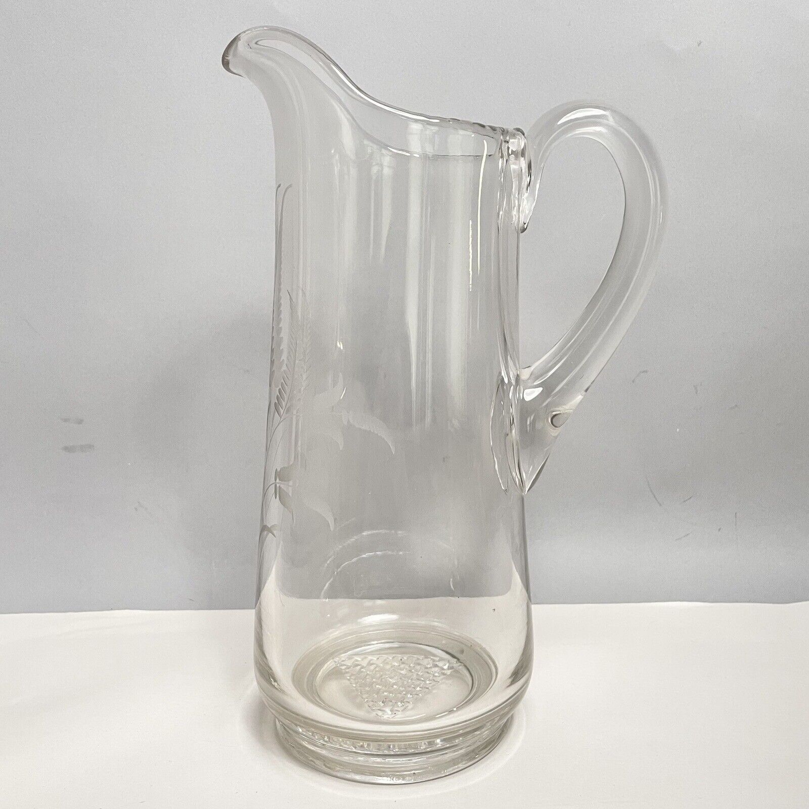 Vintage 12” Floral Etched Glass Heavyweight Pitcher