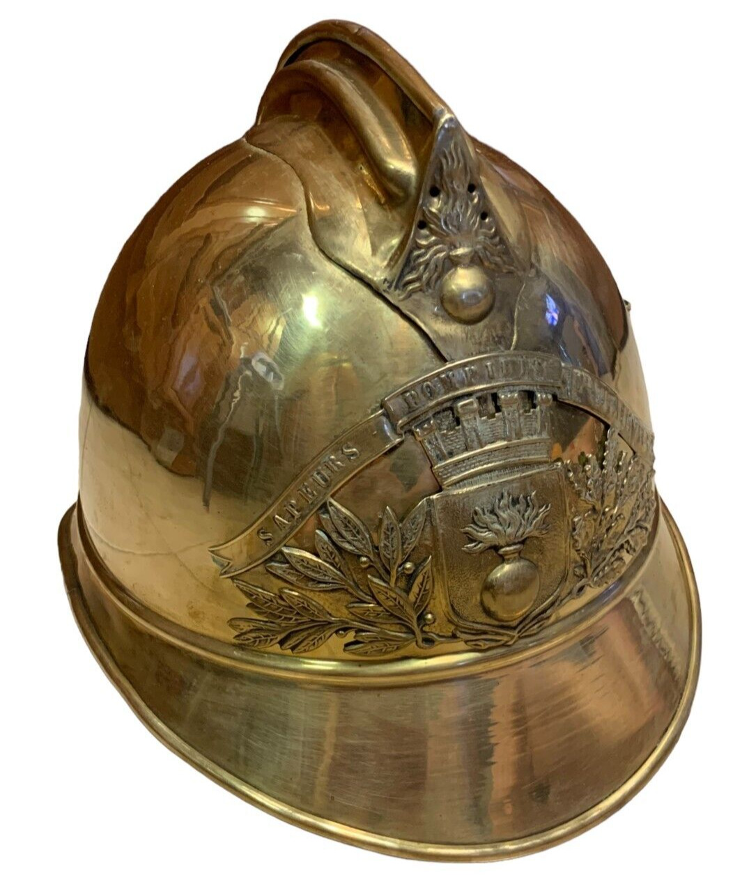 Antique French Fireman Helmet Brass Leather Sapeurs Pompiers D'Autainville Loire