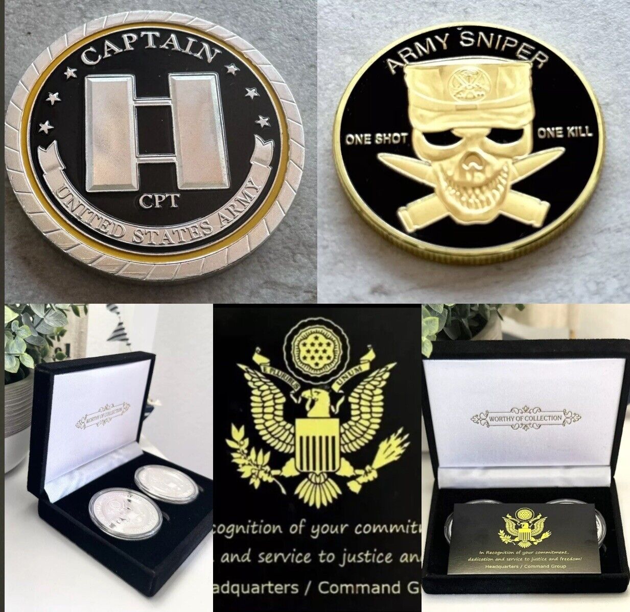 2pcs Army Rank Captain O-3 And SNIPER ONE SHOT ONE KILL CHALLENGE COINS