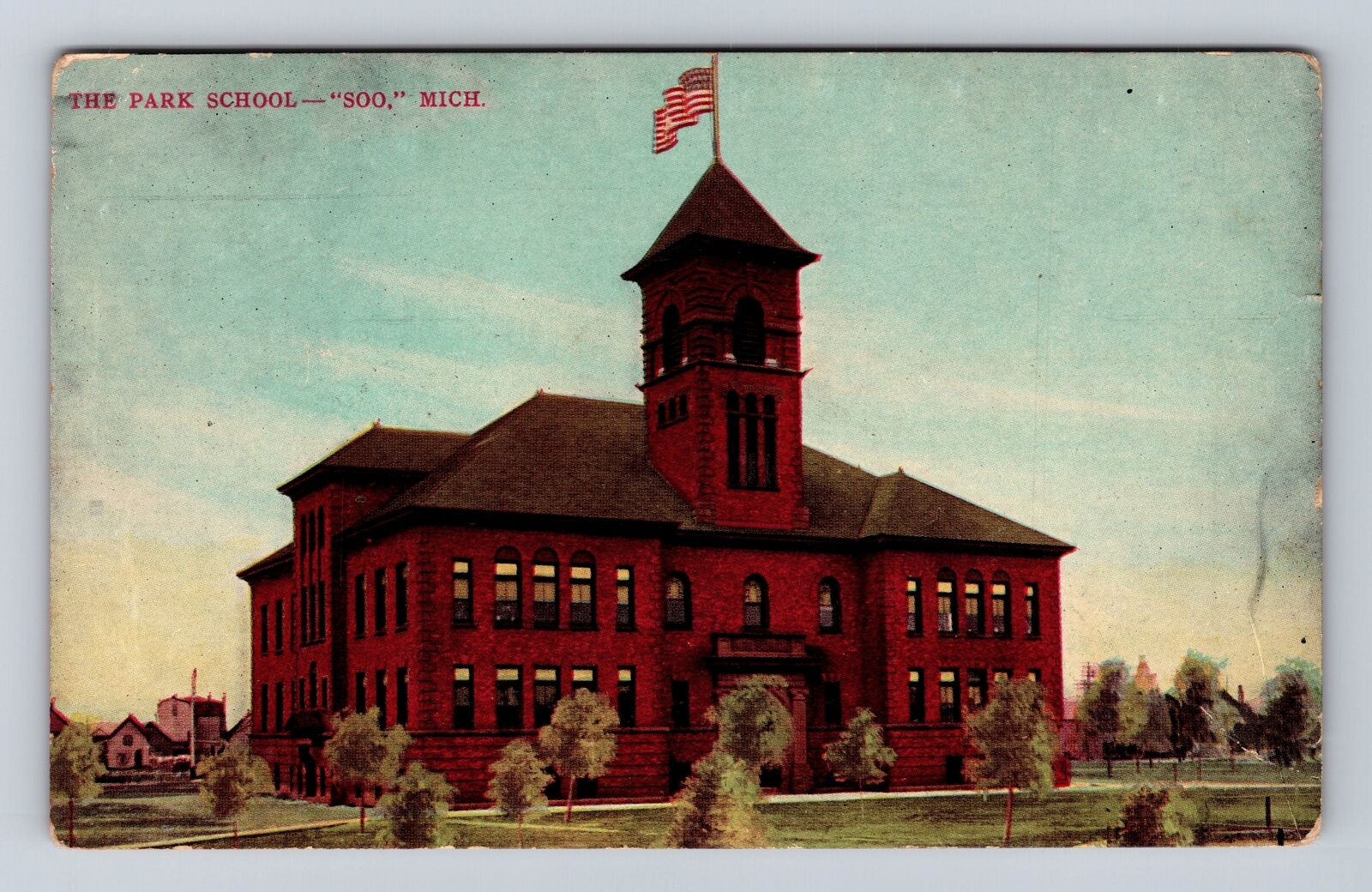 Soo MI- Michigan, The Park School, Antique, Vintage Souvenir Postcard