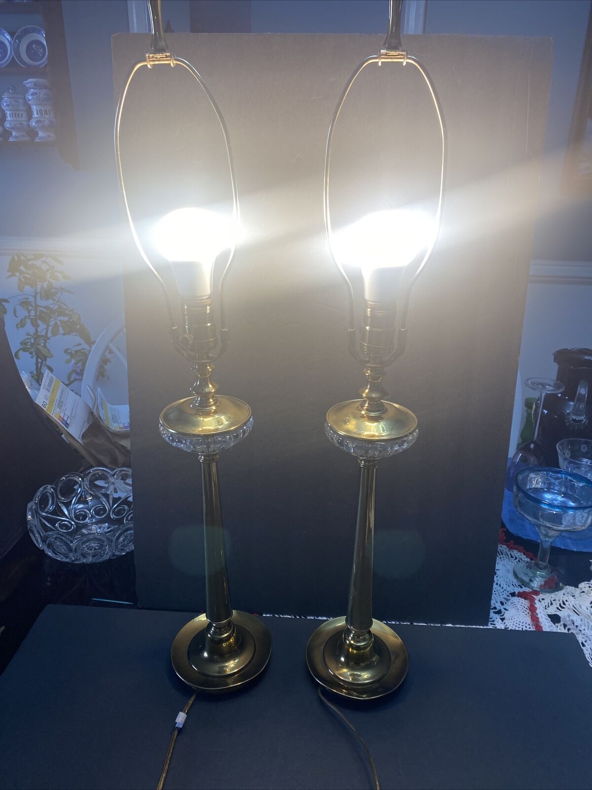 Vtg Pair Of 2 Tower Craftsman NJ Pressed Glass & Gold Brass Metal Table Lamp