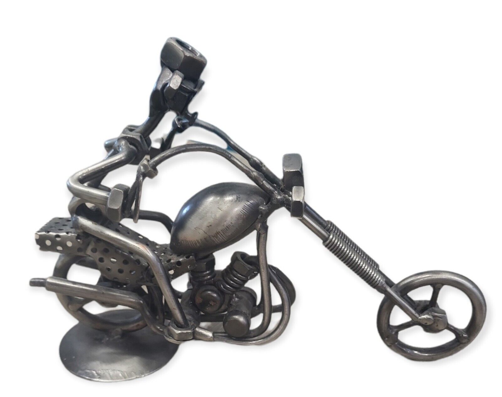 Vintage Metal Art Handmade Nuts and Bolts Racing Motorcycle Chopper w/ Rider 