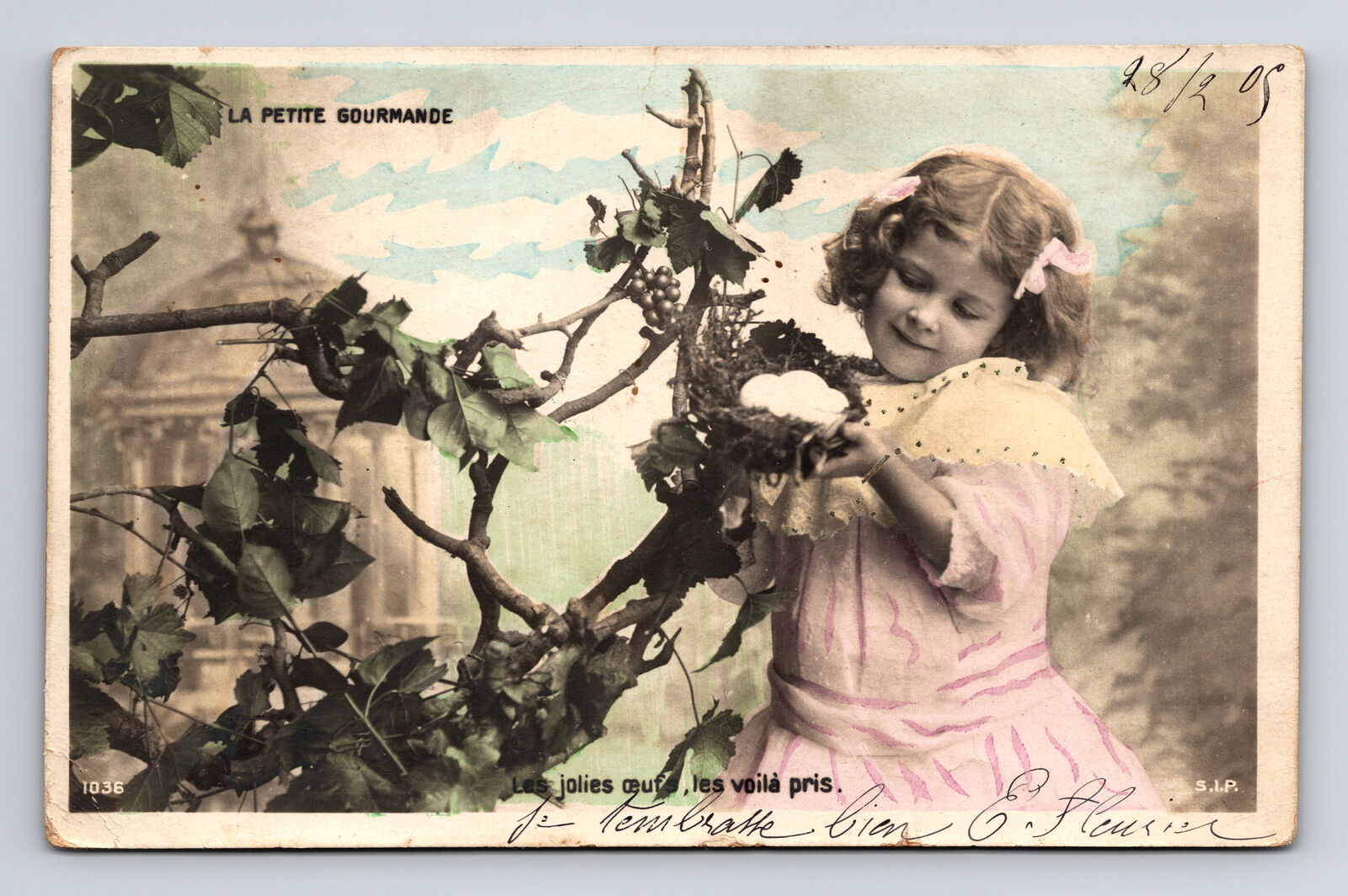 c1905 RPPC Young French Girl Bird's Nest Eggs Petite Gourmande SIP UDB Postcard