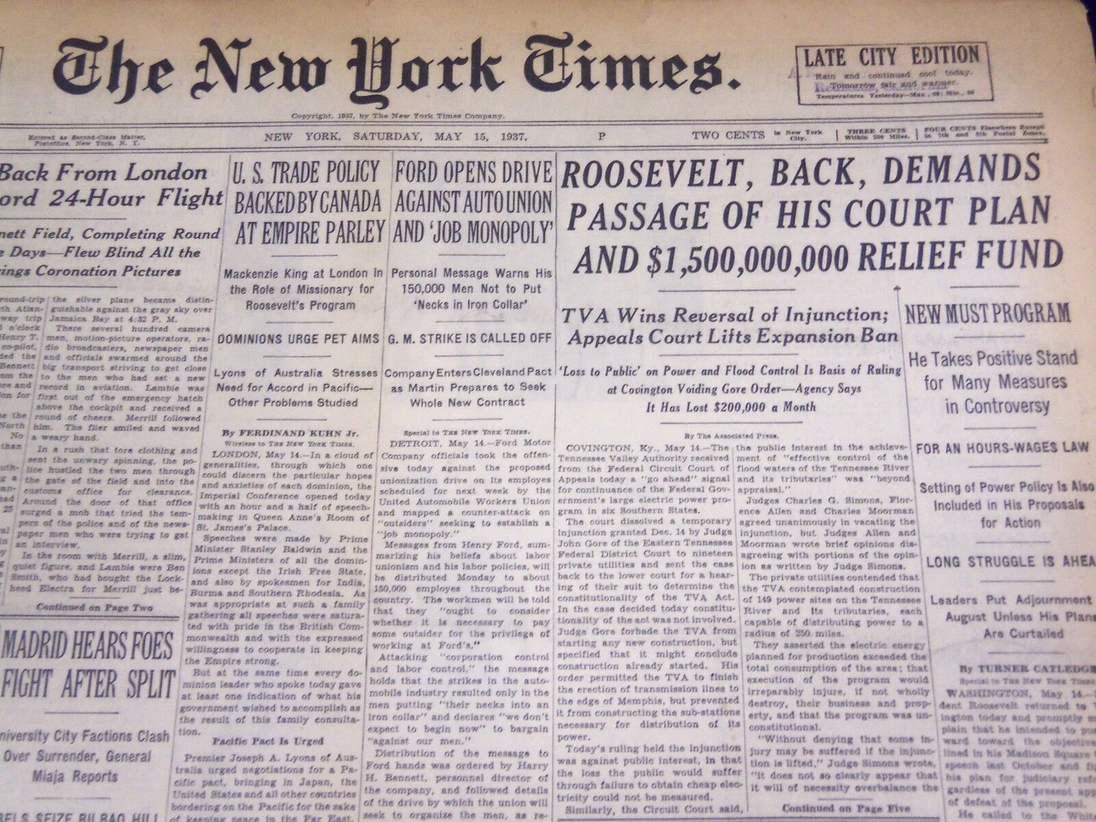 1937 MAY 15 NEW YORK TIMES -ROOSEVELT DEMANDS PASSAGE OF HIS COURT PLAN - NT 713