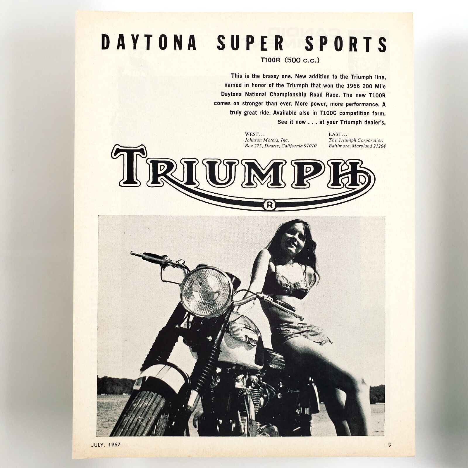 Triumph Tiger Motorcycle Print Ad 1967 Daytona Super Sports Sexy Biker Girl A415