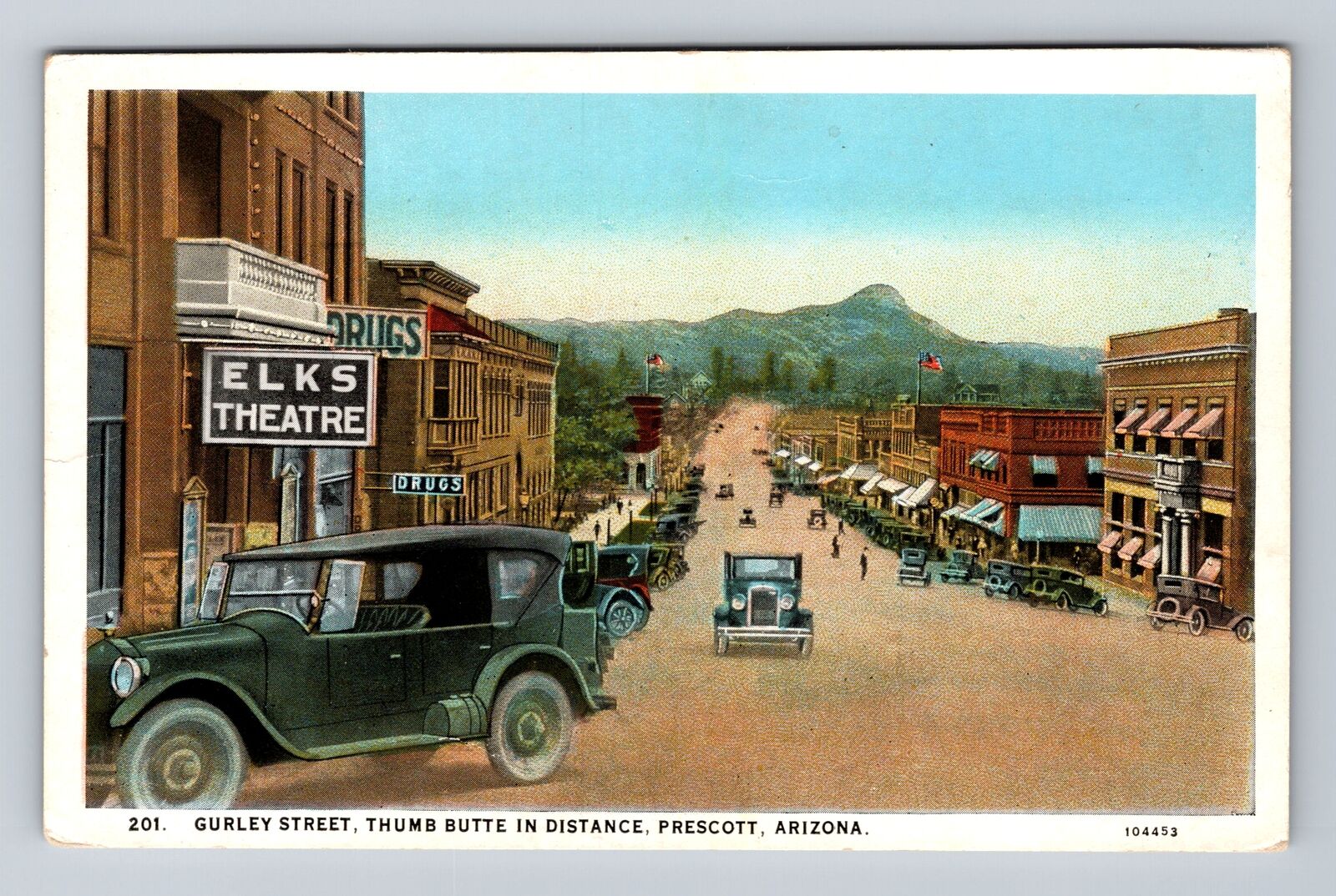 Prescott AZ-Arizona, Gurley Street, Elks Theatre, Drugstore Vintage Postcard