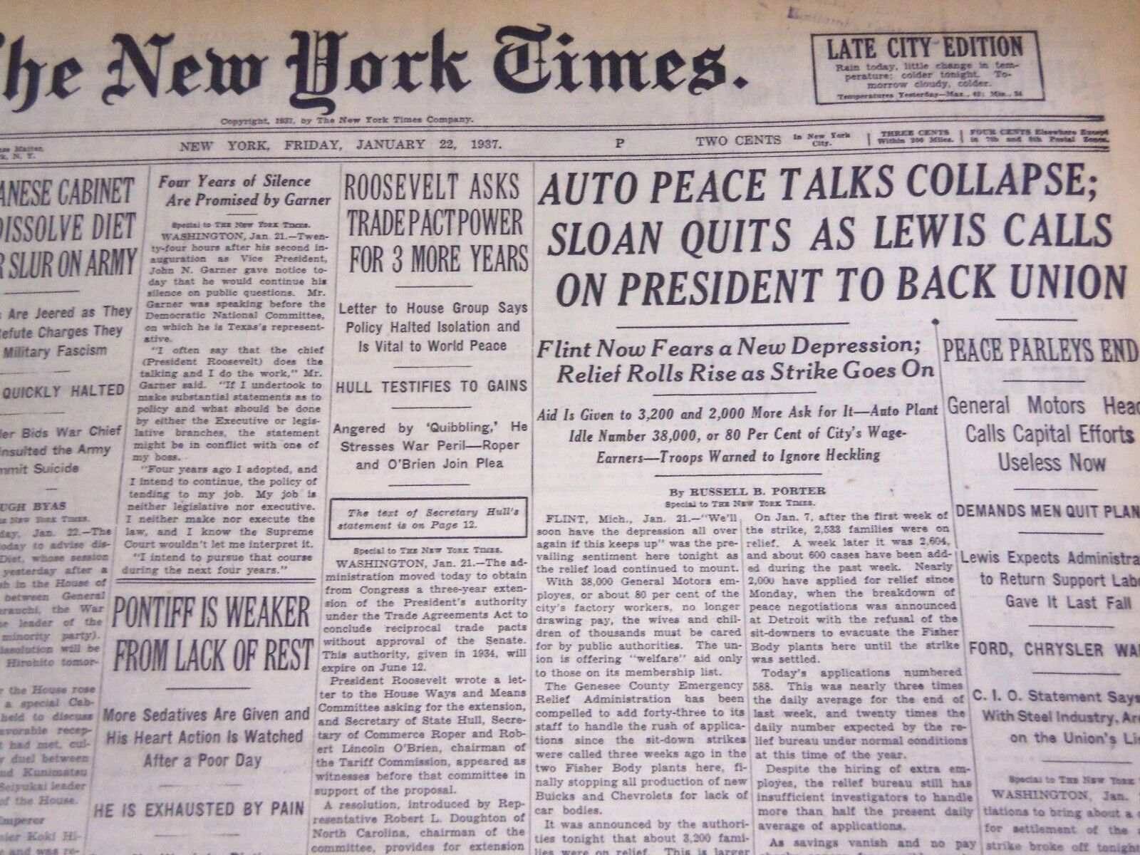 1937 JAN 22 NEW YORK TIMES - AUTO PEACE TALKS COLLAPSE SLOAN QUITS - NT 717