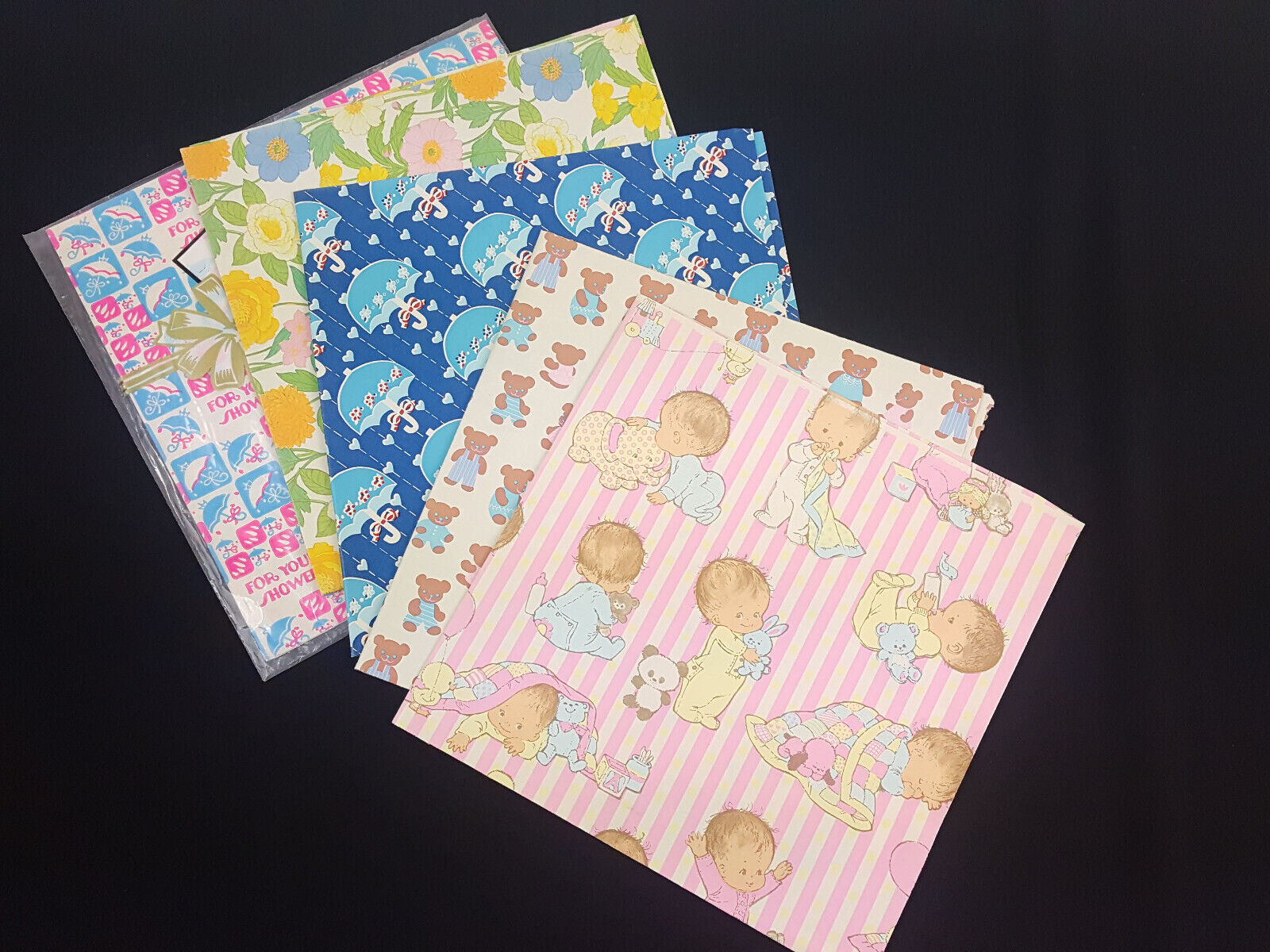 Lot of 5 VINTAGE 1980s Flat Gift Wrap Wraping Paper Sheets Baby Shower