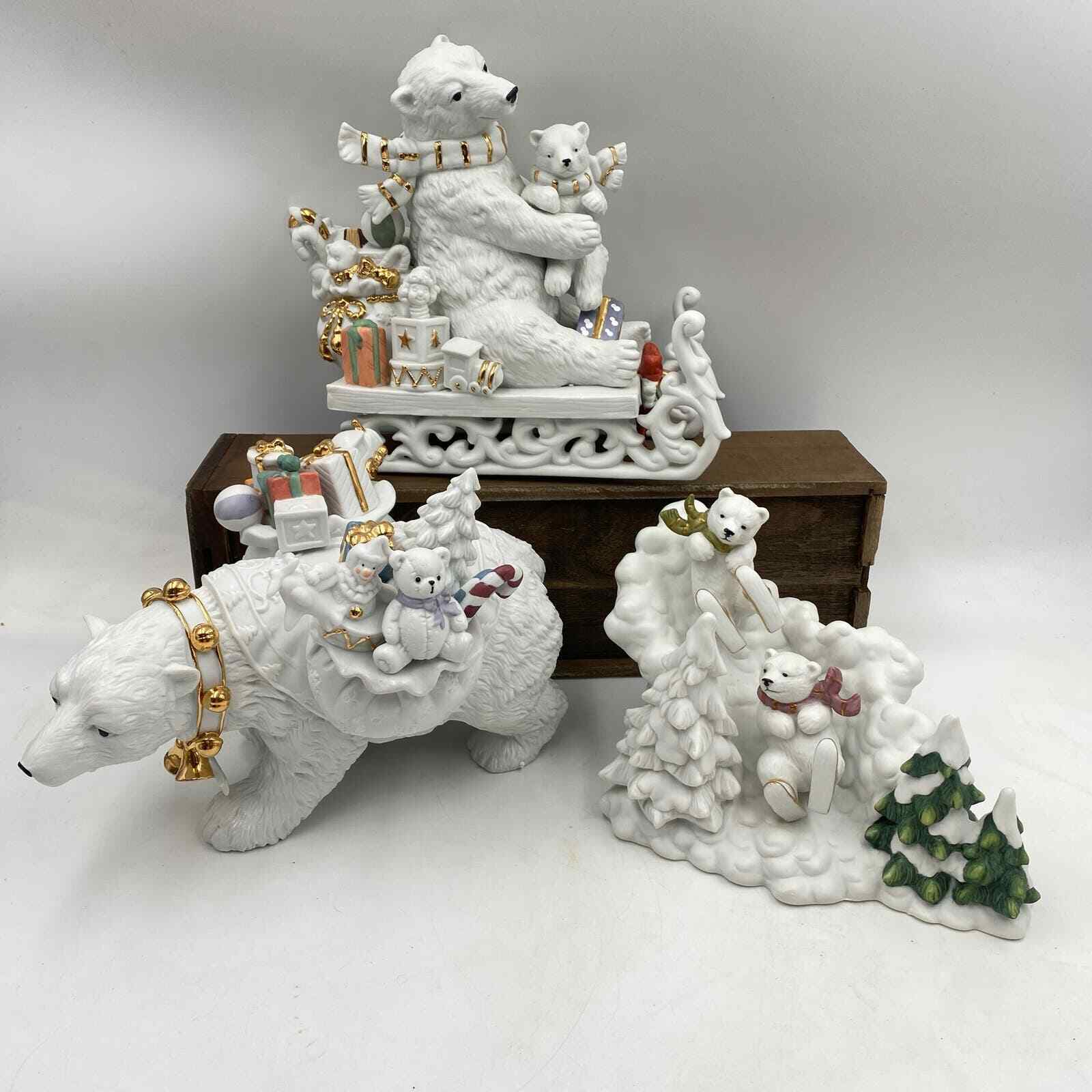 Vintage 2002 Grandeur Noel Polar Bear Figurine Three Piece Set with Box SUPER