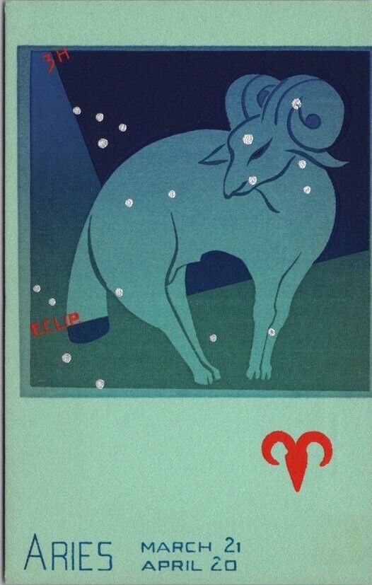 ARIES Zodiac Birthday Greetings Postcard Sheehan Screen-Printed Card - Unused