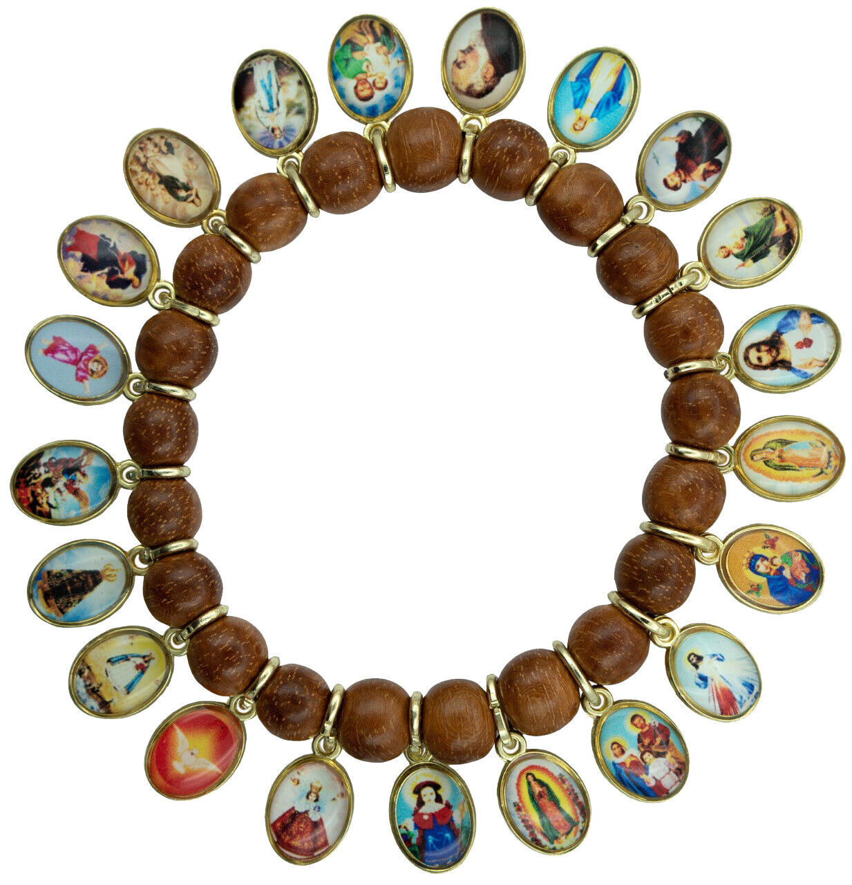 Solid Wood Beads Catholic Bracelet 21 Antique Gold Medals of Mary, Jesus, Saints
