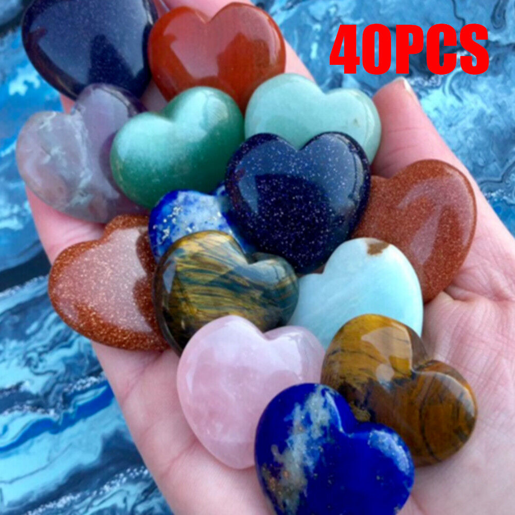 40 PCS 20mm Natural Crystal Quartz Carved Heart Shaped Healing Love Gemstones **