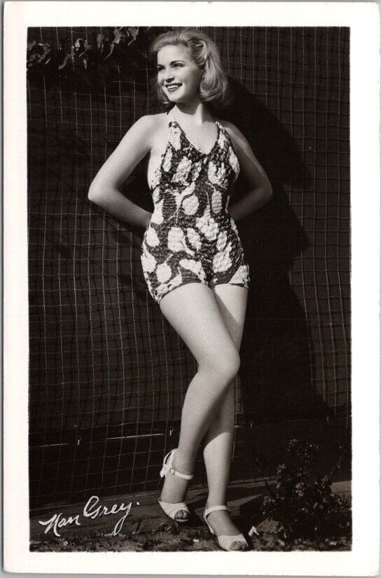 Vintage NAN GREY Bathing Suit Real Photo RPPC Postcard Movie Actress c1950s