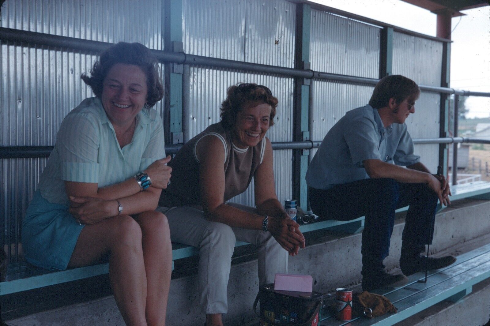 1971 Two Women One Man Smiling in Bleachers Colorado Summer Vintage 35mm Slide
