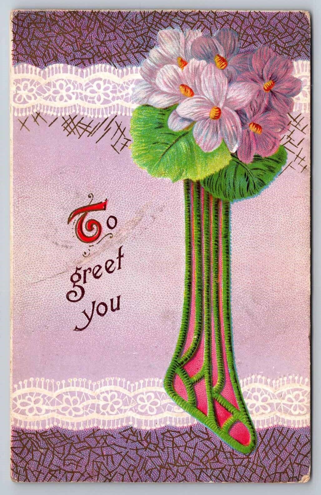 eStampsNet - To Greet You Postcard with Purple Flowers Embossed 1911