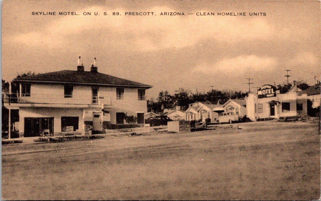 VTG Skyline Motel on US 89, Prescott AZ, Unposted, Sign, Old Car, Artvue